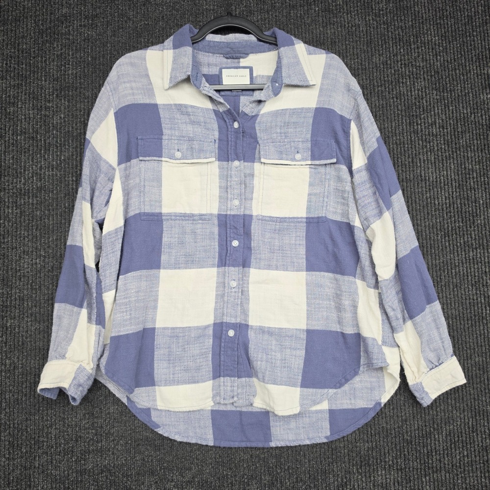 American Eagle Blue White Buffalo Plaid Button Down Shirt Small Cotton Flannel